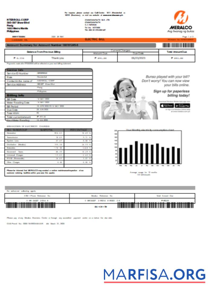 Realistic Meralco Philippines electricity utility business bill, SCR example